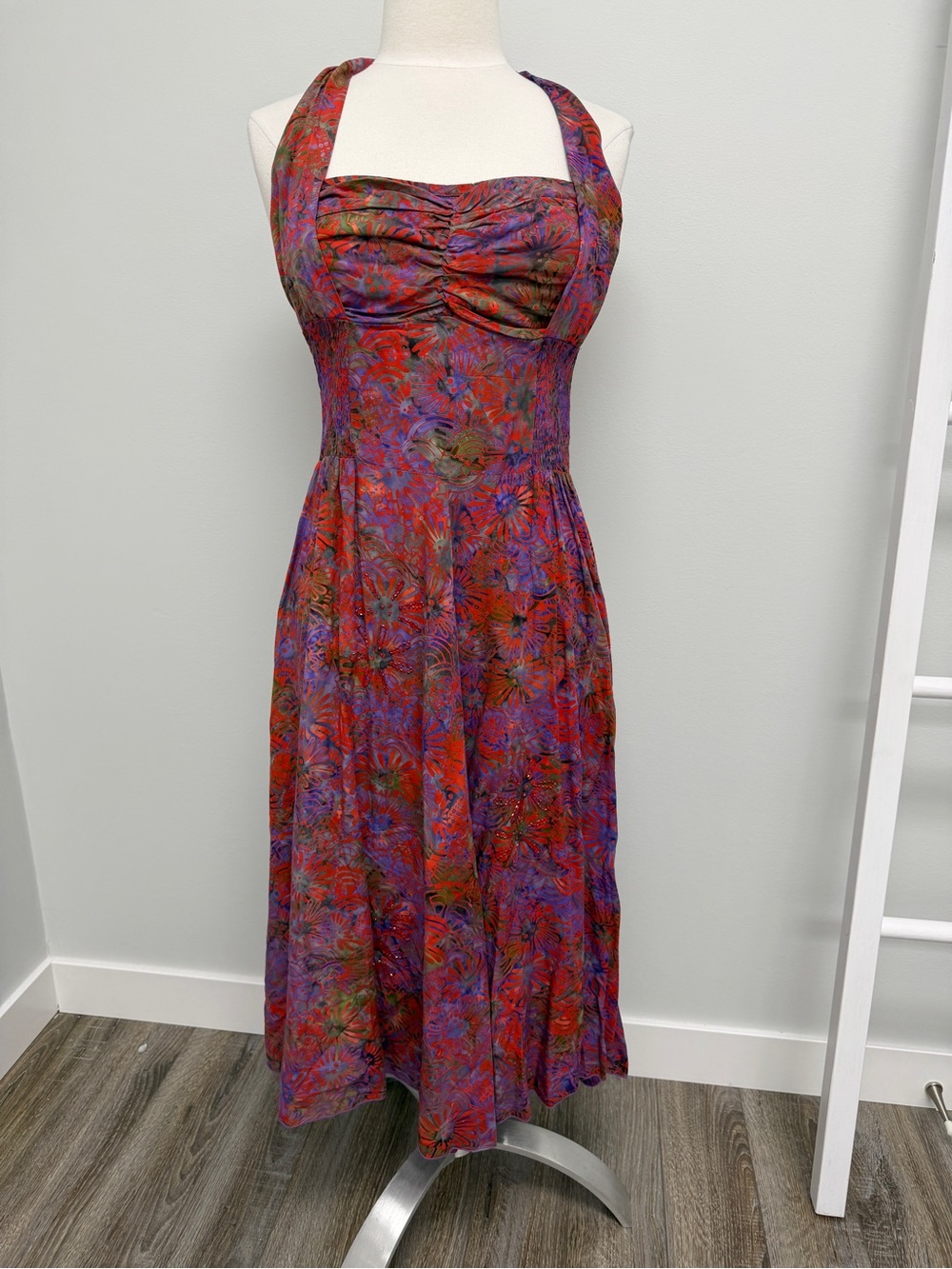Bali batiks dress, size small, beads, batik, halter,